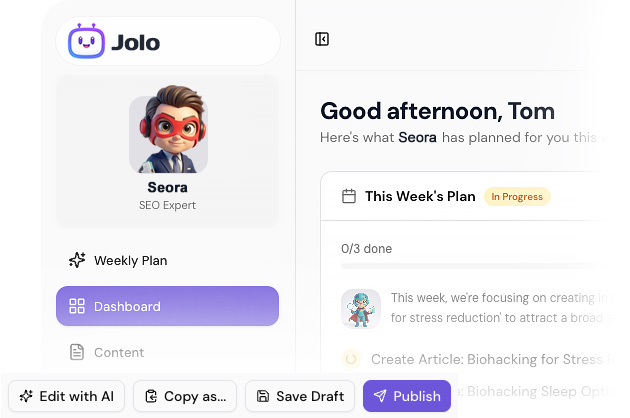 Jolo dashboard showing weekly SEO plan and publish actions Jolo dashboard showing weekly SEO plan and publish actions