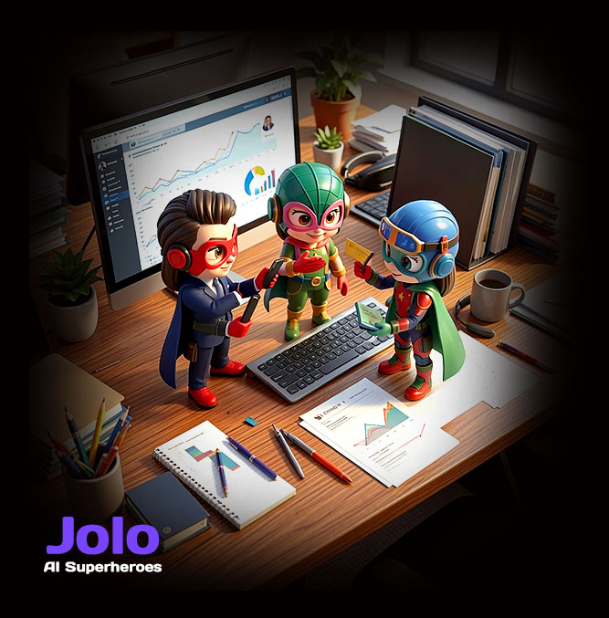 Jolo AI superheroes planning together at a desk Jolo AI superheroes planning together at a desk