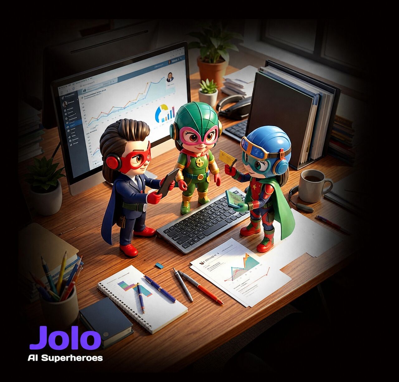 Jolo AI superheroes planning together at a desk Jolo AI superheroes planning together at a desk