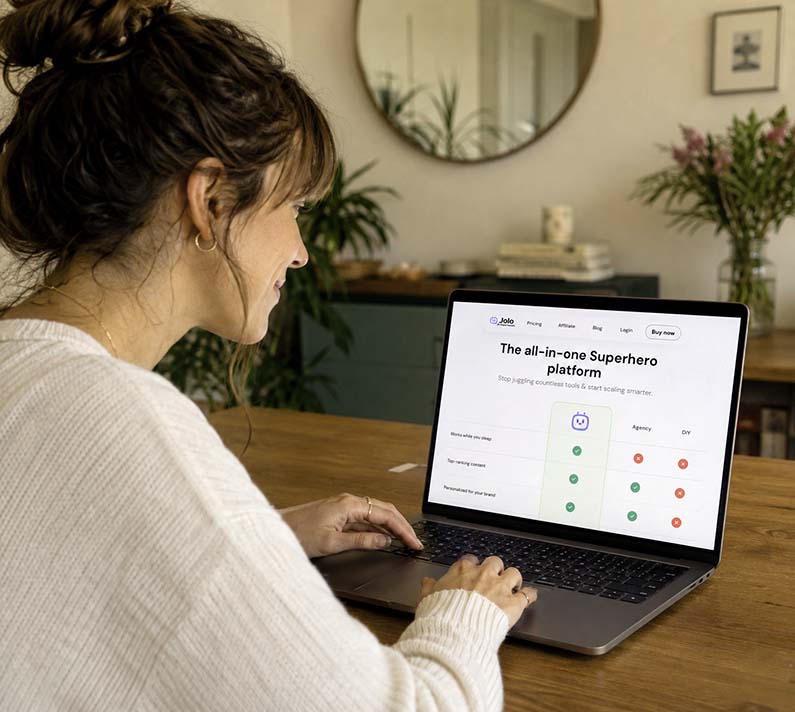 Customer smiling while using Jolo on a laptop Customer smiling while using Jolo on a laptop